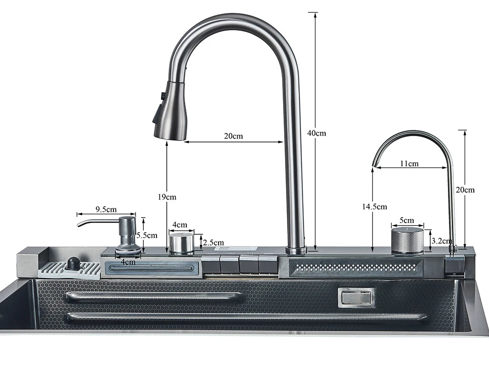 Stainless Steel Kitchen Sink with Hot Cold Pull Out Kitchen Sink Faucets Digital Large Single Bowl Waterfall Rain Kitchen Sinks