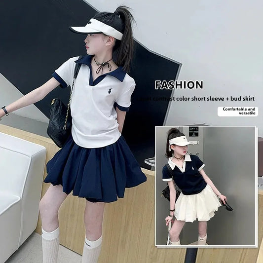 Girls Summer New Fashion Korean Style School Sports Short Sleeve T-Shirt And Bloomers Two-Piece Set White Floral Print Outfit.