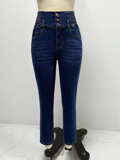 Jeans-Bleistifthose für Damen, 2025, dünne Hose, hohe Taille, Stretch, gewaschen, Distressed-Taschen, Knöpfe, Vintage-Denim, Streetwear