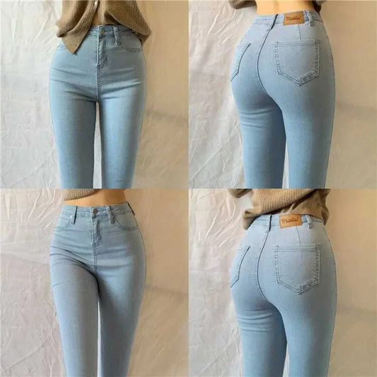 High Waist plus Size Denim Jeans Women's Fitting Pencil Pants Elastic Casual Long Trousers Light Blue Spring Autumn Wear.