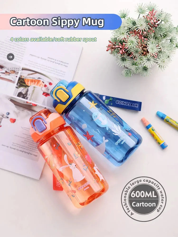 600ml Dinosaur Water Bottle For Kids Water Sippy Cup With Silicone Straw Leakproof Plastic Water Bottles Summer Kids Water Cup.