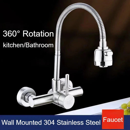 Universal Wall Mounted Stainless Steel Kitchen Faucet Cold and Hot Tap 360 Degree Swivel Flexible Hose Single Handle Faucet