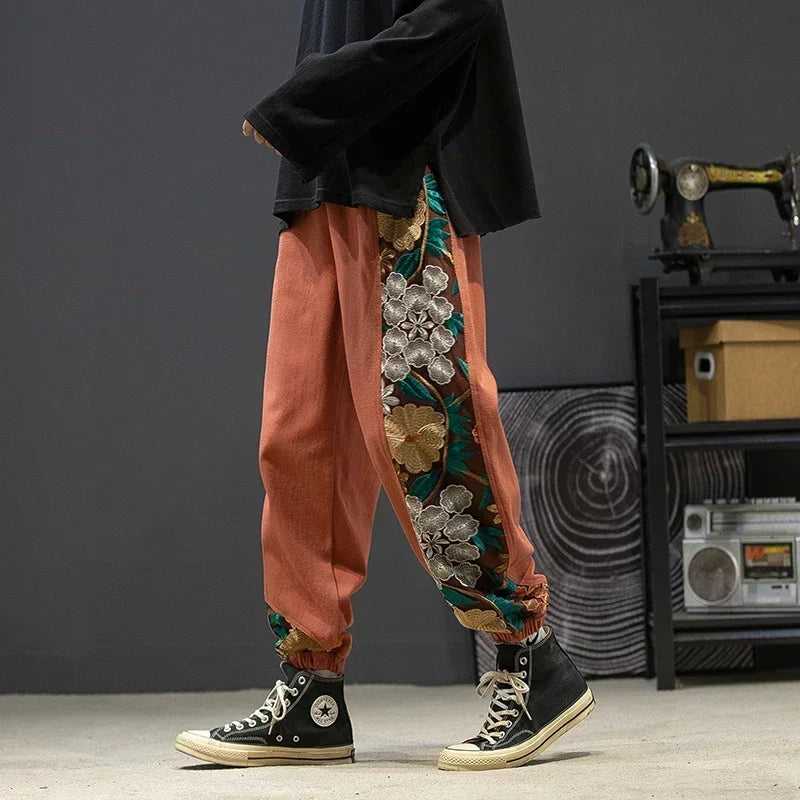 Fashion Casual Pants Men's Clothing Cotton Japanese Samurai Embroidery Patchwork Harem Trousers Oversized Harajuku Joggers Male.