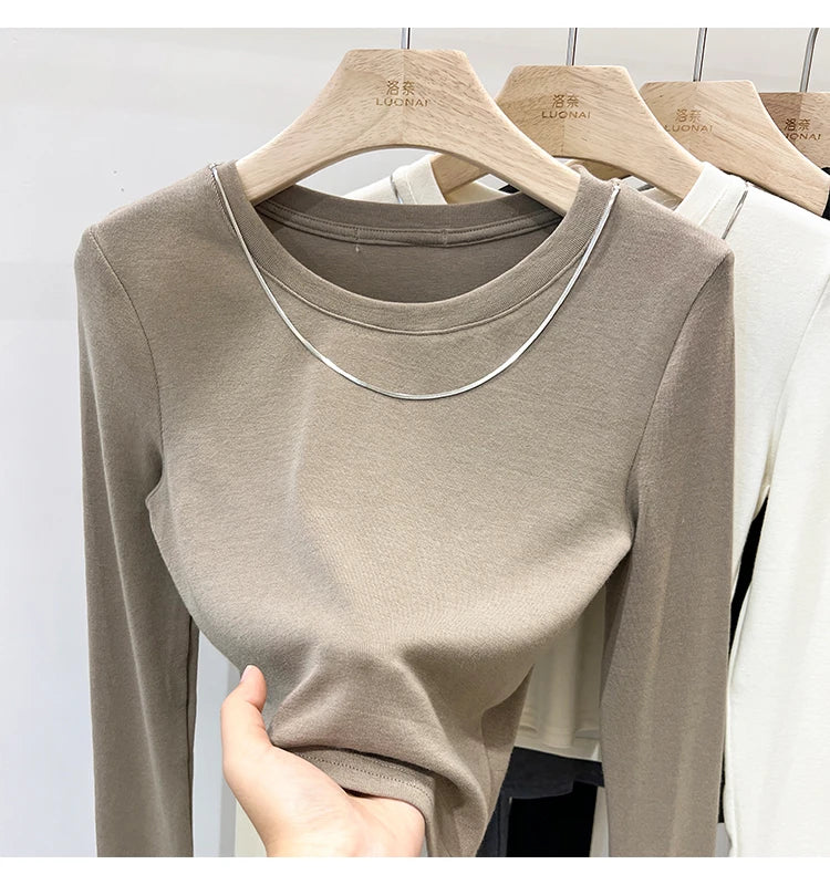 Women Trendy Chain Link Autumn Fashion Slim Fit Cropped T-shirts 2025 Long Sleeve T-shirt Solid Simple Base Layer Crop Tops.