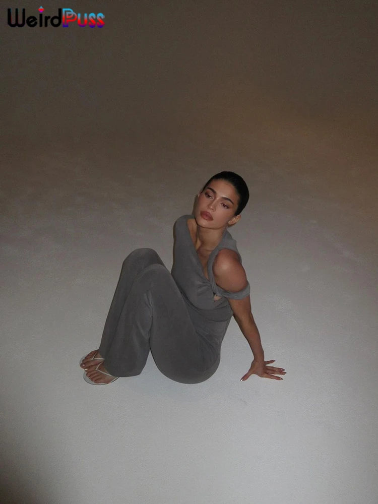 Weird Puss Irregular Knot Women 2 Piece Sets Stretch Casual Short Sleeve Tank Tops+Flare Pants Matching Outfits Slim Streetwear