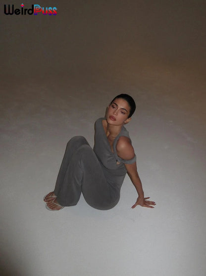 Weird Puss Irregular Knot Women 2 Piece Sets Stretch Casual Short Sleeve Tank Tops+Flare Pants Matching Outfits Slim Streetwear