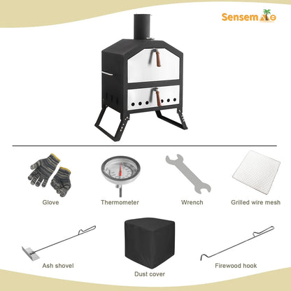Tragbarer, holzgefeuerter Pizzaofen für den Außenbereich mit 12-Zoll-Stein und Thermometer, klappbare Beine, Camping-Grillmaschine aus Edelstahl für den Hinterhof