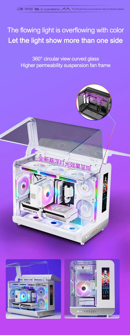 X-GAMERX HUANYI WING MATX Seaview room Case Vertical Desktop Computer 360 Water-cooled Chassis TYPE-C Interface With Screen.