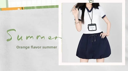 Korean College Style Half-length Shorts Floral Pants White Short-sleeved Set 2025 Versatile New Model Cotton V-neck T-shirt.