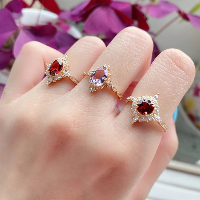 LAMOON Vintage Gemstone Ring Natural Garnet Rings For Women 925 Sterling Silver K Gold Plated Crystal Wedding Engagement RI182.