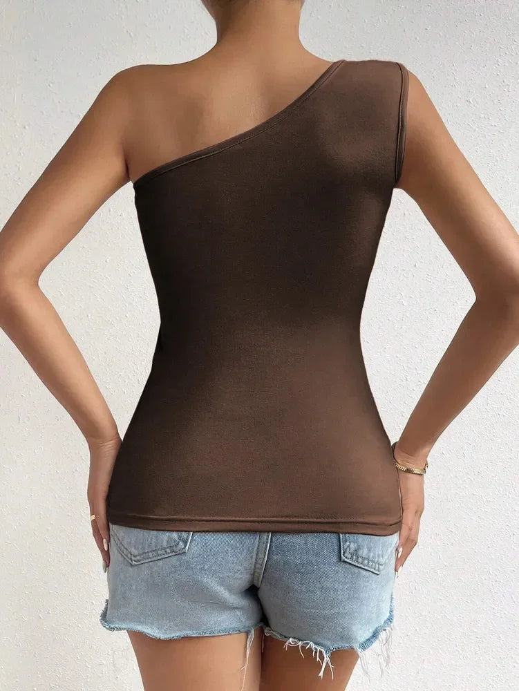 Women One Shoulder Pleated Tank Top Summer Solid Sleeveless Ruched T-shirt Streetwear Off the Shoulder Top.