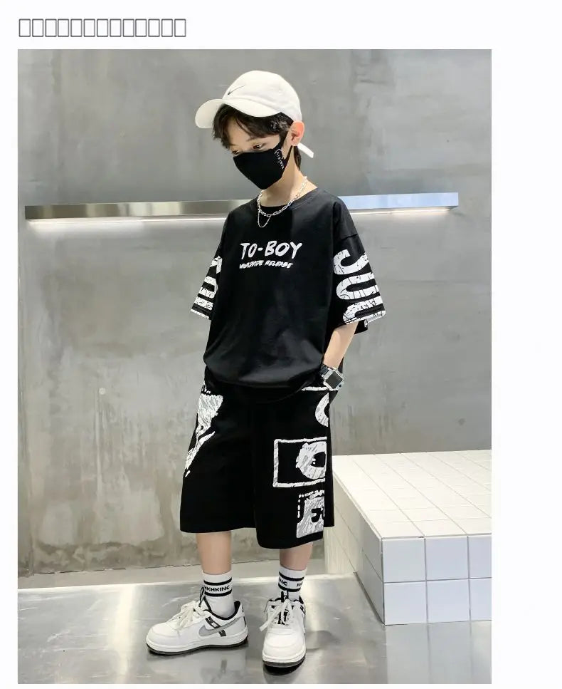 Boys Summer Trendy Casual Sports 2pcs T-shirts+Pants Suits 3-14 Years Teenage Boys Hip Hop Style Fashion Outfits Clothes Sets