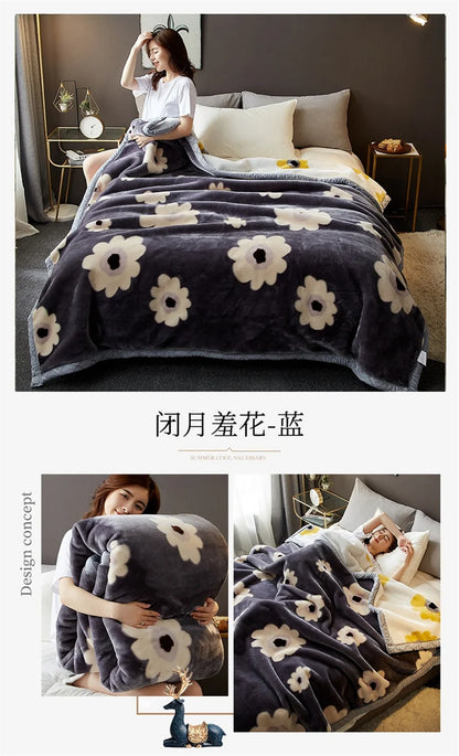 Double Sided Printed Autumn Winter Blankets for Bed Soft Warm Encrypted Flocking Raschel Blanket Skin Friendly Weighted Blanket