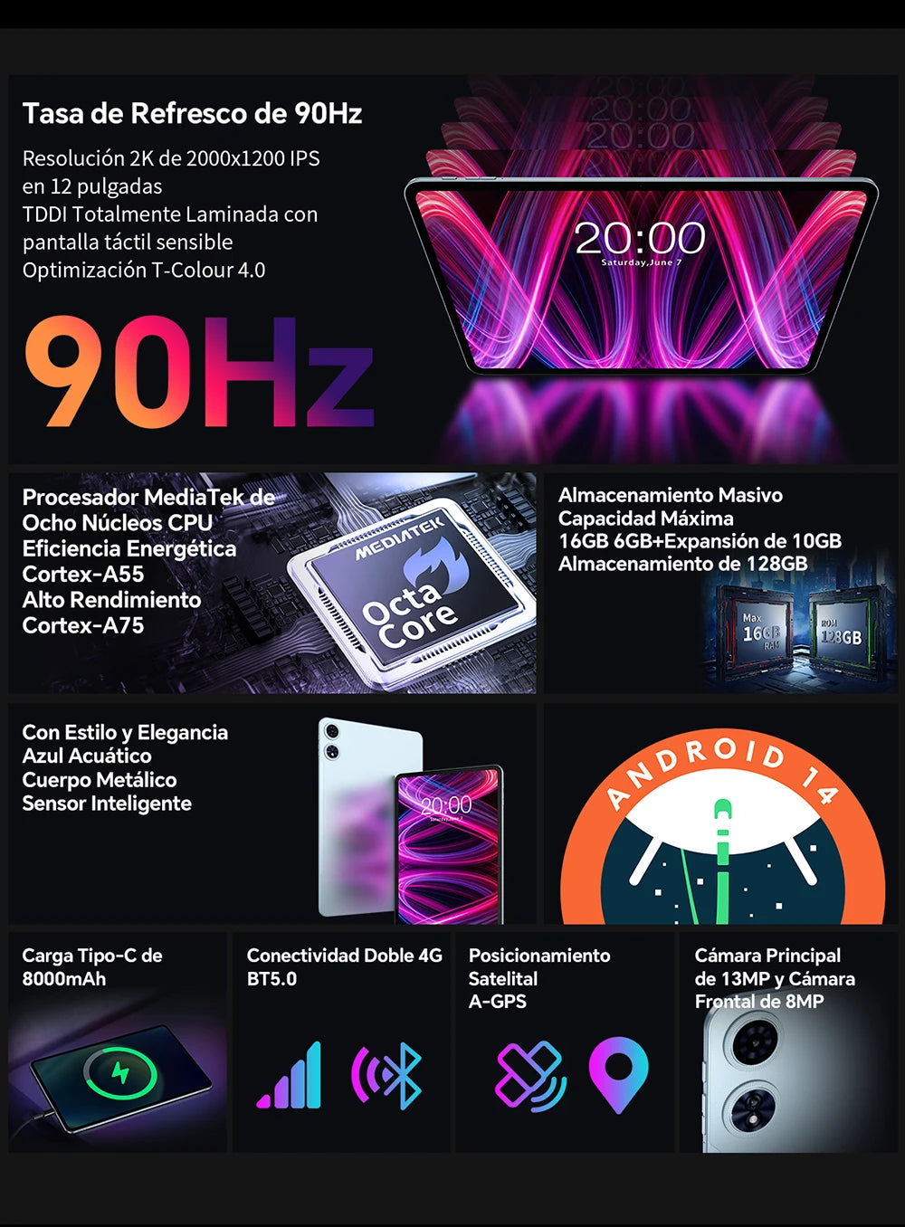 【New】Teclast T60 Plus 12 Inch Tddi 90Hz 2K Screen 2000X1200 Android 14 Widevine L1 Mtk Helio G88 (6Gb Ram+10Gb Expansion)16Gb/128Gb 8000Mah Battery 4g Lte Dual Sim Tf up to 1Tb.