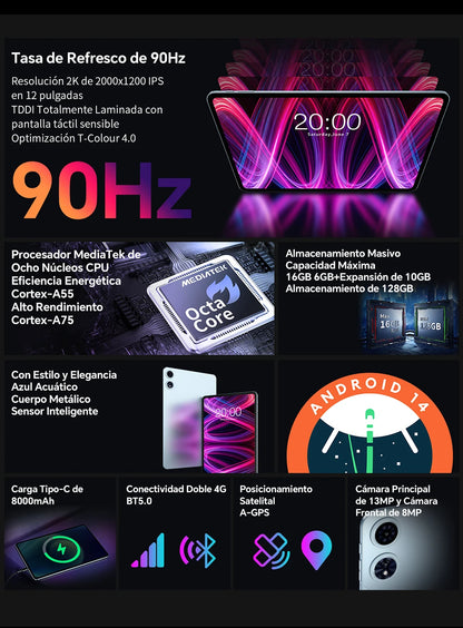 【New】Teclast T60 Plus 12 Inch Tddi 90Hz 2K Screen 2000X1200 Android 14 Widevine L1 Mtk Helio G88 (6Gb Ram+10Gb Expansion)16Gb/128Gb 8000Mah Battery 4g Lte Dual Sim Tf up to 1Tb.