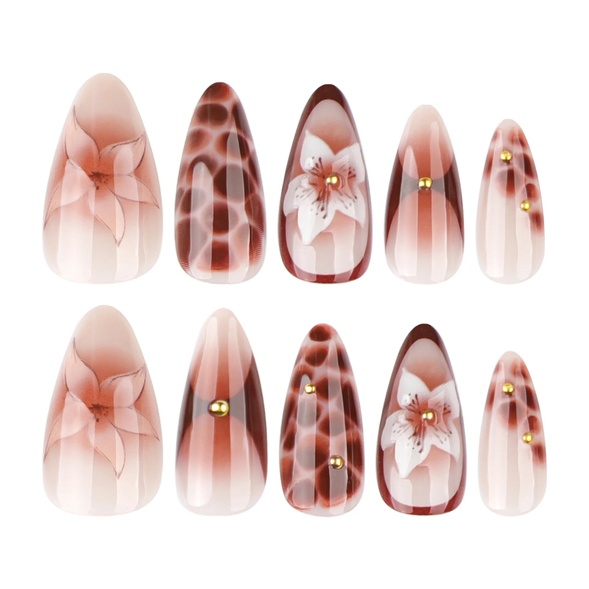 24pcs Retro Almond Press On Nails Brown Marble Cracks Ice Flower Printed False Nails European Wearable French Style Fake Nail.