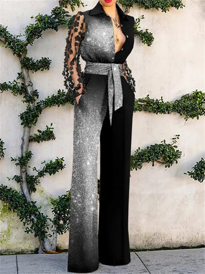 Women Fashion Romper Long Sleeve Lace Up Elegant Office Lapel Single-breasted Jumpsuit Shiny Patchwork Party Outfit Playsuit.