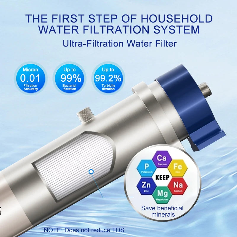 Wheelton whole house high flow water filter purifier 1000L-3000L SUS304 mineral water filter Reusable 0.01um PVDF for 5 years.