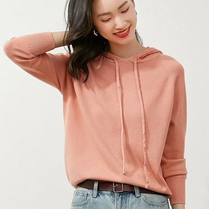 Women's Autumn and Winter New Casual Hoodies Sport Loose Hooded Knitted Hoodie Pullover Sweater