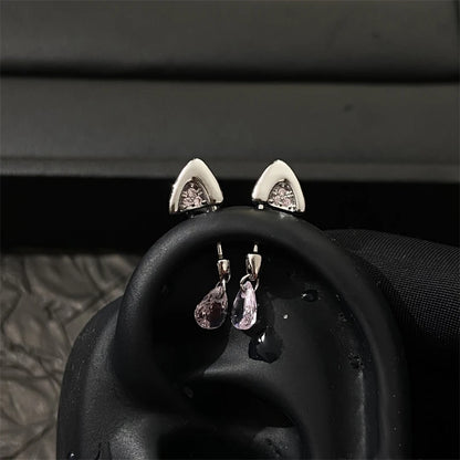 Silver Color Cat's Ear Droplet Shaped Zircon Stainless Steel Ear Bone Nail Earring for Women New Trendy Body Piercing Accessorie.
