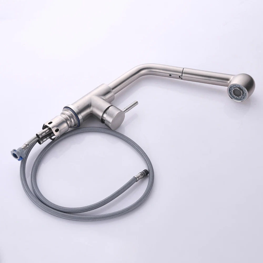 360° Rotating Retractable Sink Faucet Hot and cold Water Button Ceramic Valve Kitchen Stainless Steel Faucet with Shower