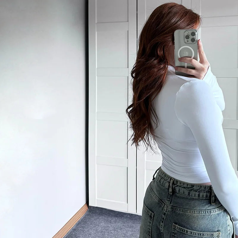 New fashion women's casual slim fit pleated high neck long sleeved solid color top t-shirt.