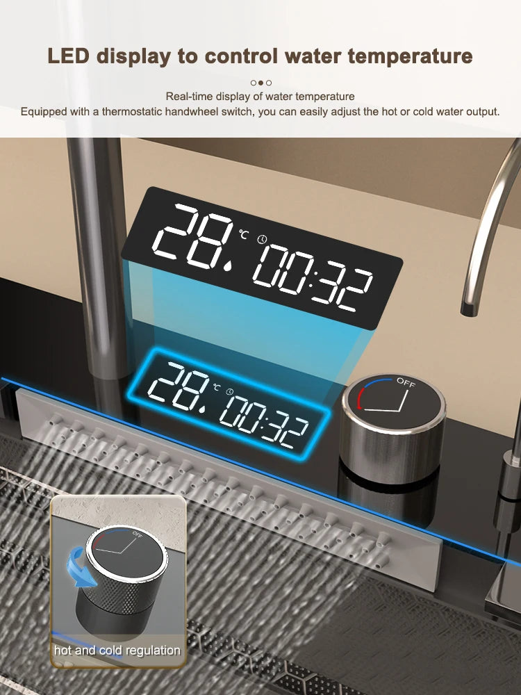 Stainless Steel Waterfall Kitchen Sink New Embossed Extra Large Single Slot Modern Digital Display Dishwashing Basin