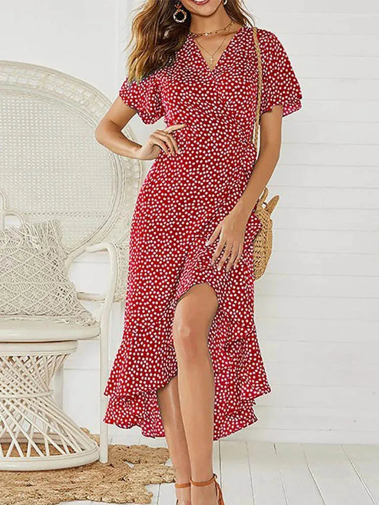 Sommer Strand Maxi Kleid Frauen Floral Print Boho Lange Chiffon Kleid Rüschen Wrap Casual V-ausschnitt Split Sexy Party Kleid Robe Femme