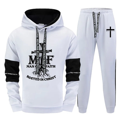 Man of Faith Hoodie Sweatpants 2pcs Set Men's Tracksuit Autumn Winter Daily Casual Sport Jogging Suit Home Outdoor Hooded Outfit.