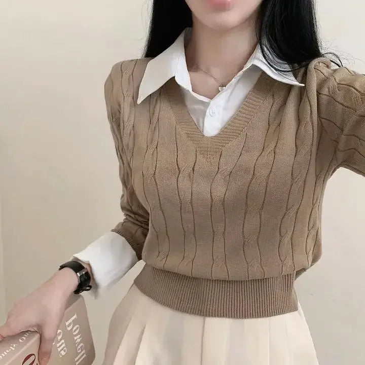 Mode Winter Gestrickte Pullover Frauen Casual V-ausschnitt Pullover Alle-spiel Weibliche Kleidung Lose Gefälschte Zwei Artikel Kurze Tops Jumper