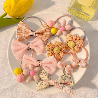 Kawaii Flower Bow Scrunchies Set Children Gift Girls Elastic Hair Rubber Bands Accessories Tie Hair Ring Rope Headdress Headwear