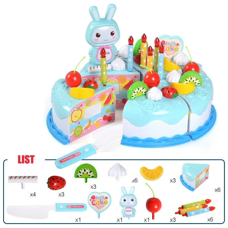 Kids Toy Simulation DIY Birthday Cake Model Kitchen Pretend Play House Cutting Fruit Food Toy for Toddler Children Gift Boy Girl.
