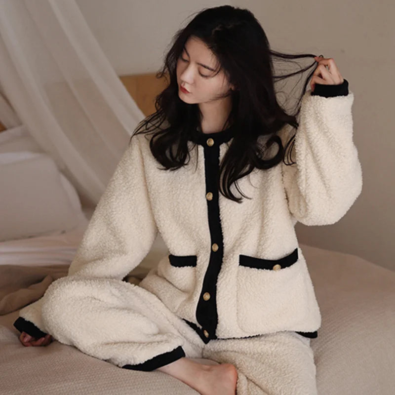 Winter Women Warm Fashion Pajama Sets Sweet   Elegant French Style Girlish Leisure Thicken Flannel Comfort Pajamas.