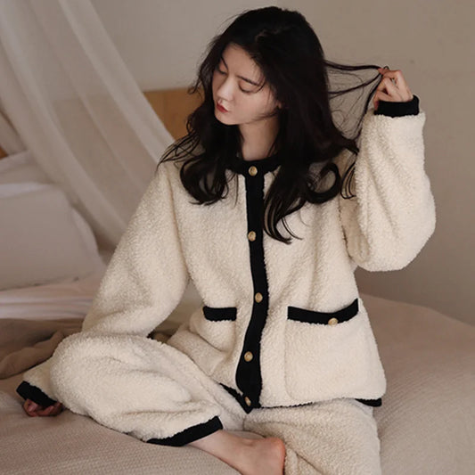 Winter Women Warm Fashion Pajama Sets Sweet   Elegant French Style Girlish Leisure Thicken Flannel Comfort Pajamas.