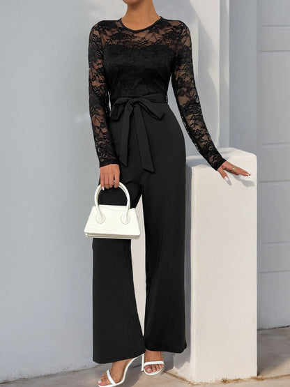 Spring New Women's Sexy Lace Spliced Long Jumpsuit Fashion Solid Color Hollow Long Sleeve Casual Laces Wide Leg Jumpsuit Women.