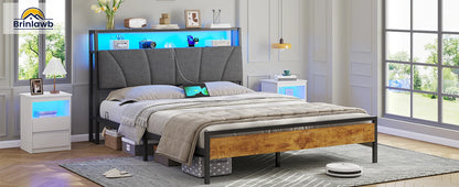 Metallbettgestell 140 x 200 cm mit LED-Beleuchtung, Kopfteil und Ladestation, integriertes Metallbett 140 x 200 mit Gitterbraten