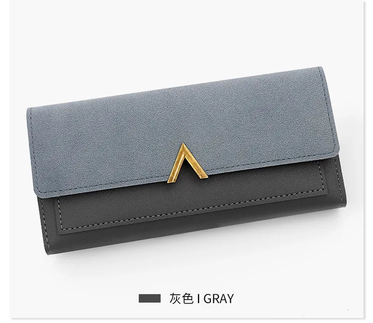 New Korean version women's wallet long V-shaped buckle three fold wallet for women, hand-held bag, change card bag.