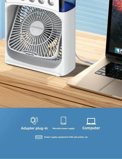 Portable Mini Fan 3 in 1 Cooler Home House LED USB Desk Bedroom Indoor Air Conditioner Humidifier Fans Summer Cool Living Room