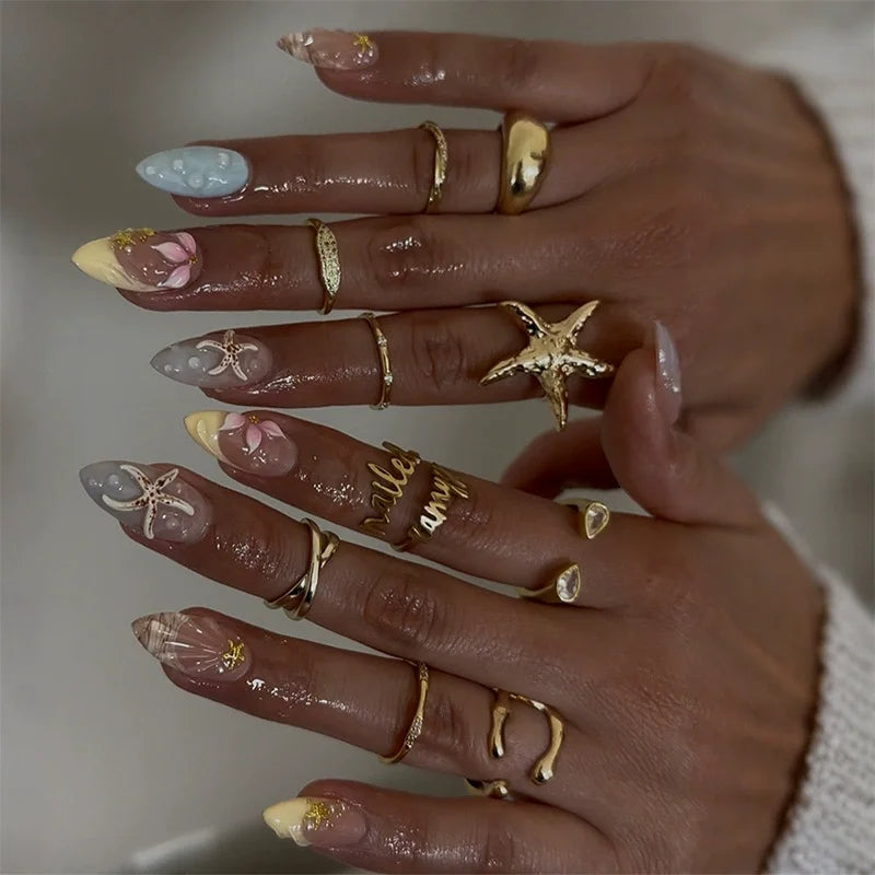 24Pcs Pink Almond False Nails Butterfly Ballet with French Design Wearable Fake Nails Simple Artificial Press on Nails Tips Art