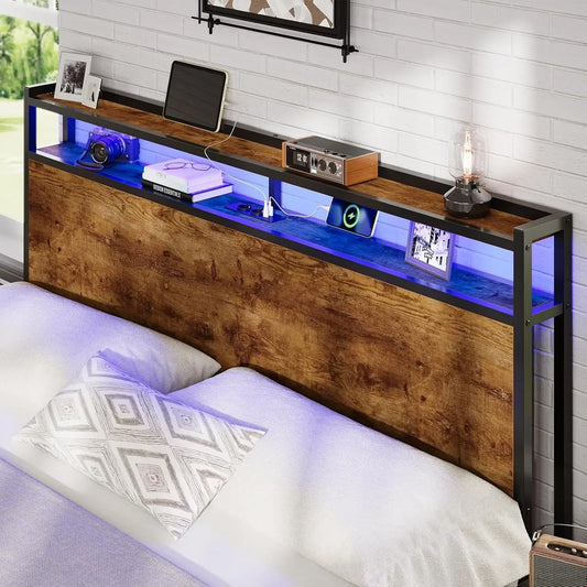 120 x 200 LED-beleuchteter Metallbettrahmen mit Steckdose und USB-Ladefunktion, Holzkopfteil, Stauraumbett B