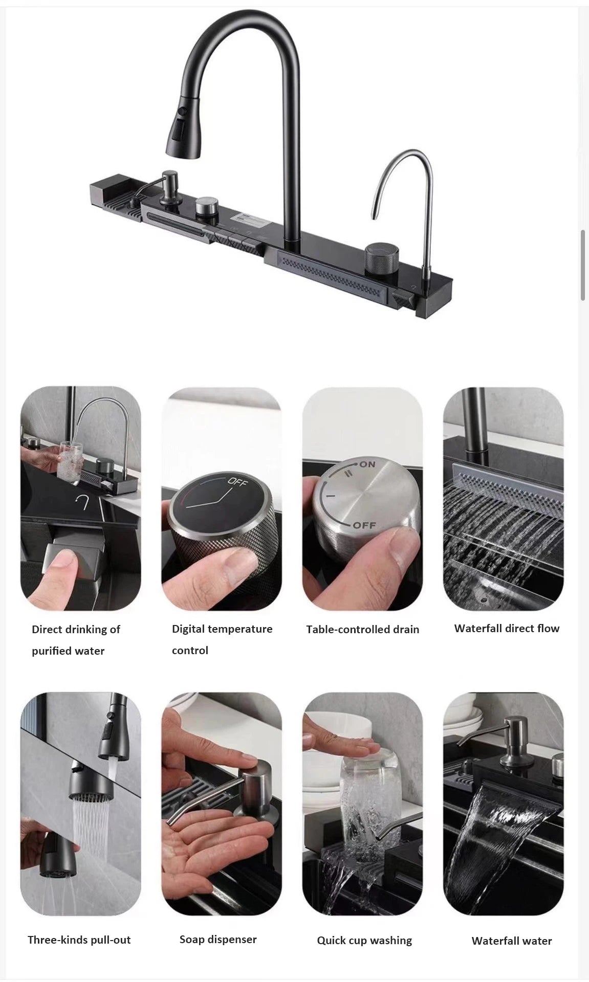 Whale sink kitchen single bowl nano black honeycomb LED digital display flying rain stainless steel large single bowl sink