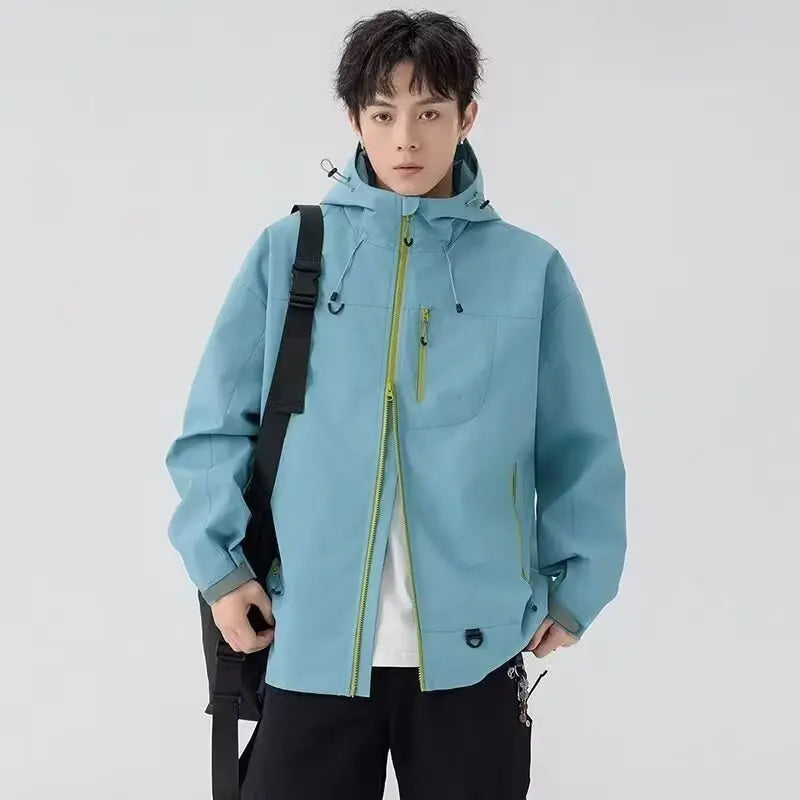 Outdoor Windbreaker Hooded Jacket Men Softshell Zip Up Windproof Waterproof Mountain Skiing Hiking Camping Jacket Autumn Coats