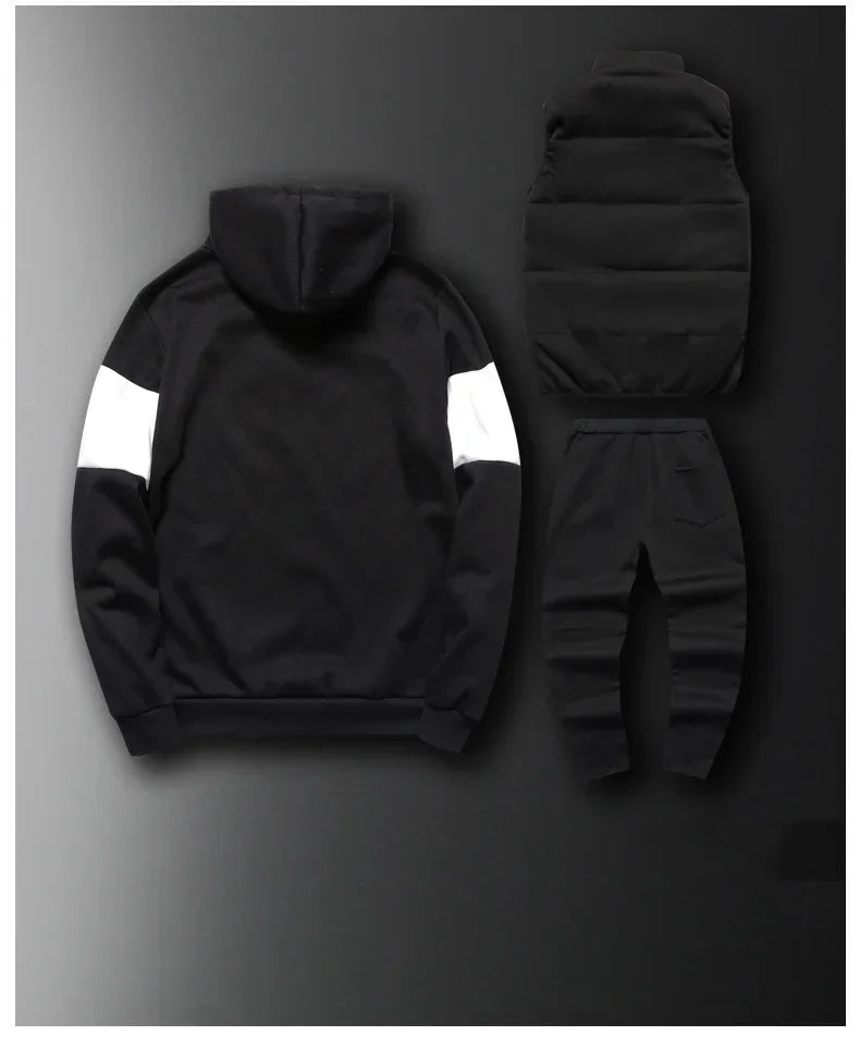 3 Pieces Set Hoodies+Vest+Pants Casual Men's Track Suit Clothing Coats Winter Thick Warm Tracksuit for Men Printed Mens Set Vest.