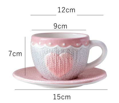250ml Ceramic Tea Cup And Saucer Set Kawaii Bowknot Coffee Cup Dish Pink Wool Knitting Mug Microwave Safe.