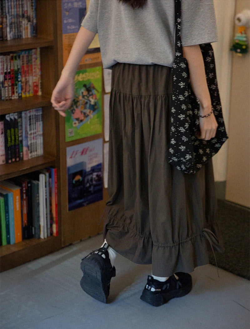 Vintage Black Midi Skirt Women Japanese Harajuku Drawstring Bud Skirts Summer Streetwear Korean Casual Design A Line Faldas New