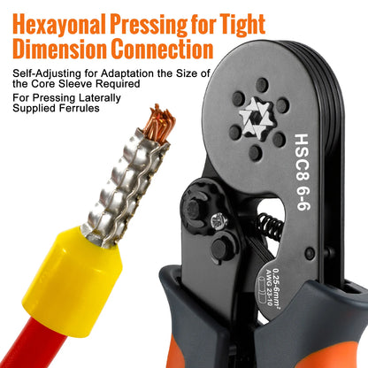Sechseckiges, selbstverstellbares Ratschen-Aderendhülsen-Crimpwerkzeug-Set, 23–7 AWG, 0,25–10 mm2, Crimp-Set mit Aderendhülsen, Drahtklemmen