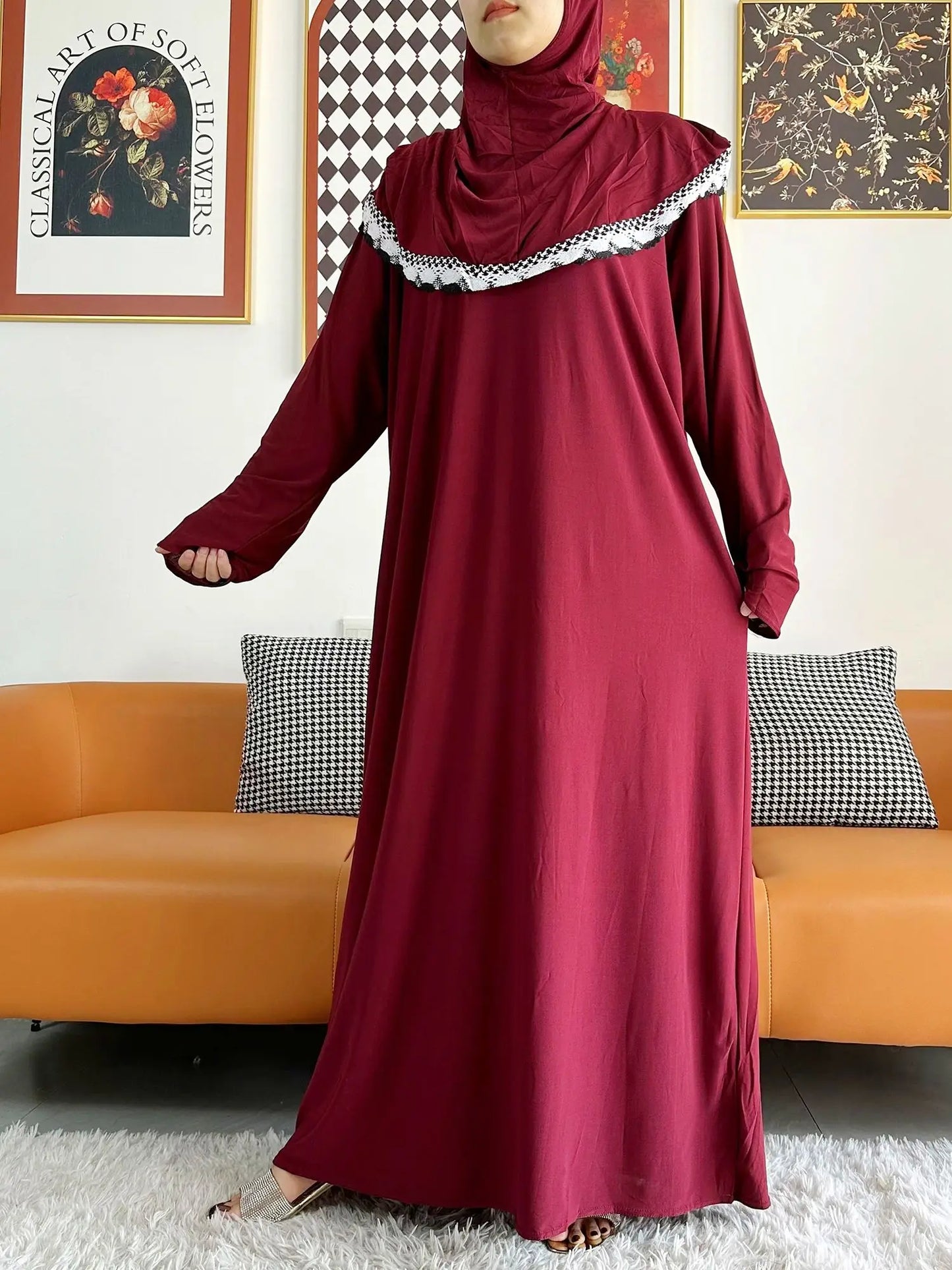 2023 Muslim Solid Cotton Abaya For Women Ramadan Prayer Garment Joint Hat Dubai Turkey Middle East Femme Robe Floral Loose Dress.