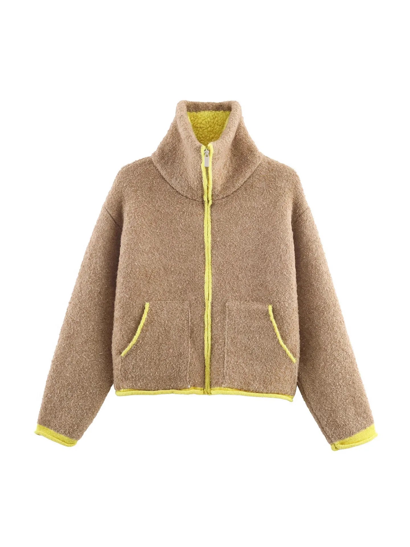 Modische kontrastierende Strickjacke für Damen, elegant, langärmelig, Taschen, Reißverschluss, Pullover, 2026, Frühling, Street Lady, schicke Oberbekleidung