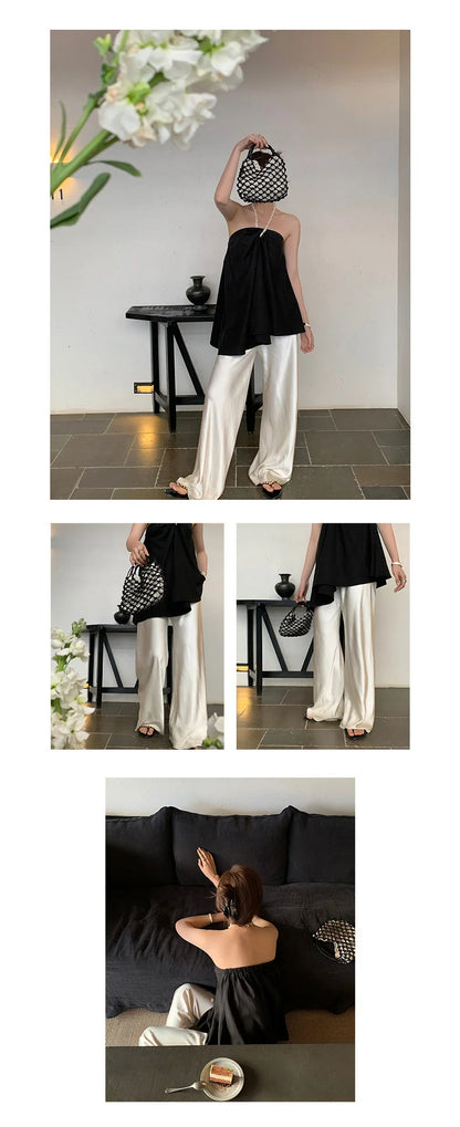 Satin Wide Leg Pants Long Floor Casual Pants Women's Summer