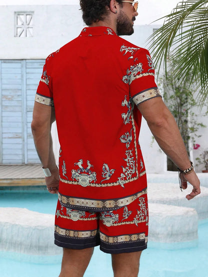 Baroque Luxury Printed Men's Shirt Shorts 2 Piece Set Summer Casual Shirt Hawaiian Beach Short-sleeved Men's Suits Clothing.